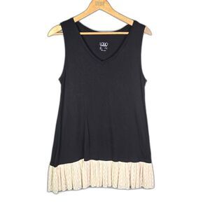 Logo Layers Sleeveless Tunic Black Gold L Longline Pleated Hem Stretch